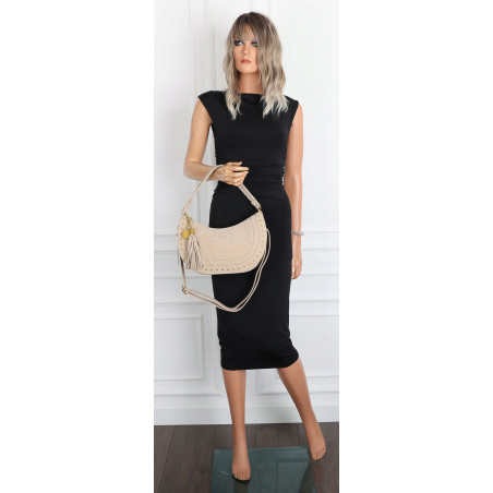 Torebka damska półksiężyc frędzle ćwieki na ramię elegancka CC3543 Beżowa
