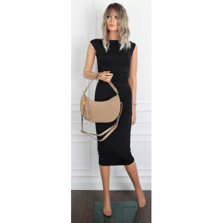 Torebka damska półksiężyc frędzle ćwieki na ramię elegancka CC3543 Beżowa
