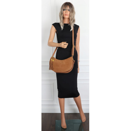Torebka damska półksiężyc frędzle ćwieki na ramię elegancka CC3543 Brązowa