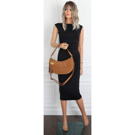 Torebka damska półksiężyc frędzle ćwieki na ramię elegancka CC3543 Brązowa