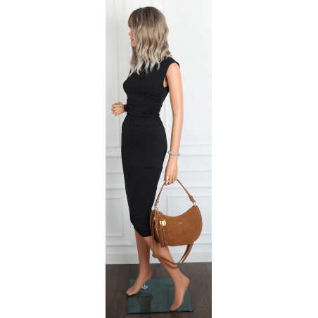 Torebka damska półksiężyc frędzle ćwieki na ramię elegancka CC3543 Brązowa