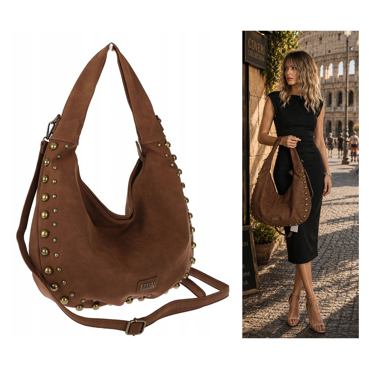 Torebka damska worek shopper ćwieki na ramię modna pojemna CC922 Brązowa