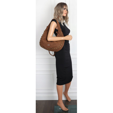 Torebka damska worek shopper ćwieki na ramię modna pojemna CC922 Brązowa