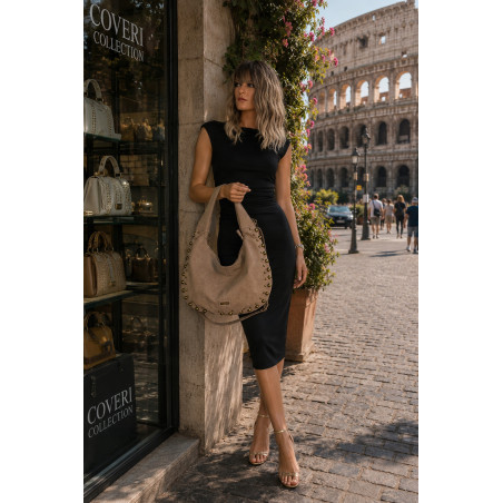 Torebka damska worek shopper ćwieki na ramię modna pojemna CC922 Beżowa