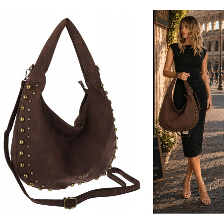 Torebka damska worek shopper ćwieki na ramię modna torba CC922 Czekoladowa