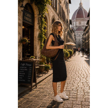 Torebka damska worek shopper ćwieki na ramię modna torba CC922 Czekoladowa