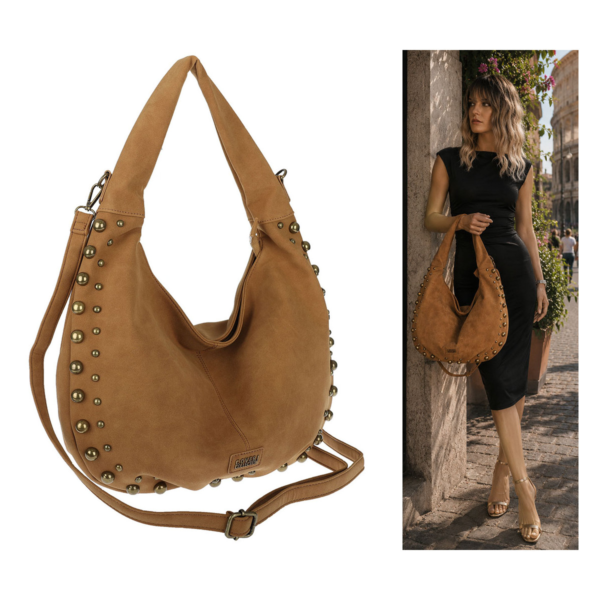 Torebka damska worek shopper ćwieki na ramię modna pojemna CC922 Brązowa