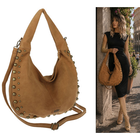 Torebka damska worek shopper ćwieki na ramię modna pojemna CC922 Brązowa
