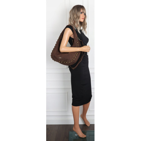 Torebka damska worek shopper ćwieki na ramię modna torba CC922 Czekoladowa