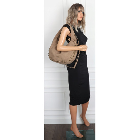 Torebka damska worek shopper ćwieki na ramię modna pojemna CC922 Beżowa