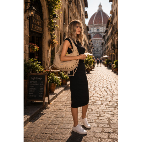 Torebka damska worek shopper ćwieki na ramię modna pojemna CC922 Beżowa