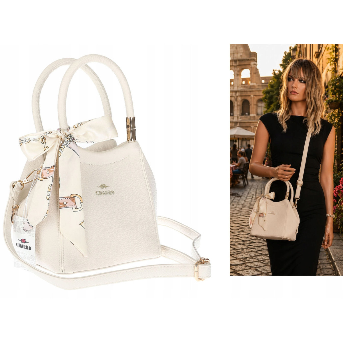 Torebka damska kuferek listonoszka apaszka elegancka modna CH56811 Beżowa