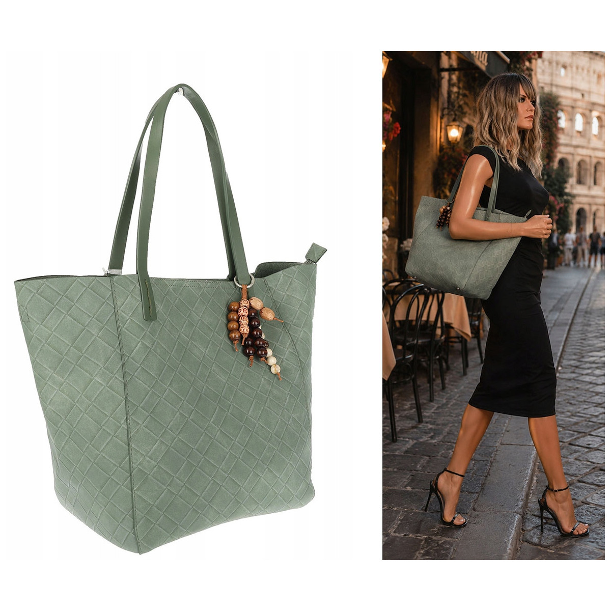 Torebka damska shopper worek A4 duża pojemna torba na ramię NO3793 Zielona