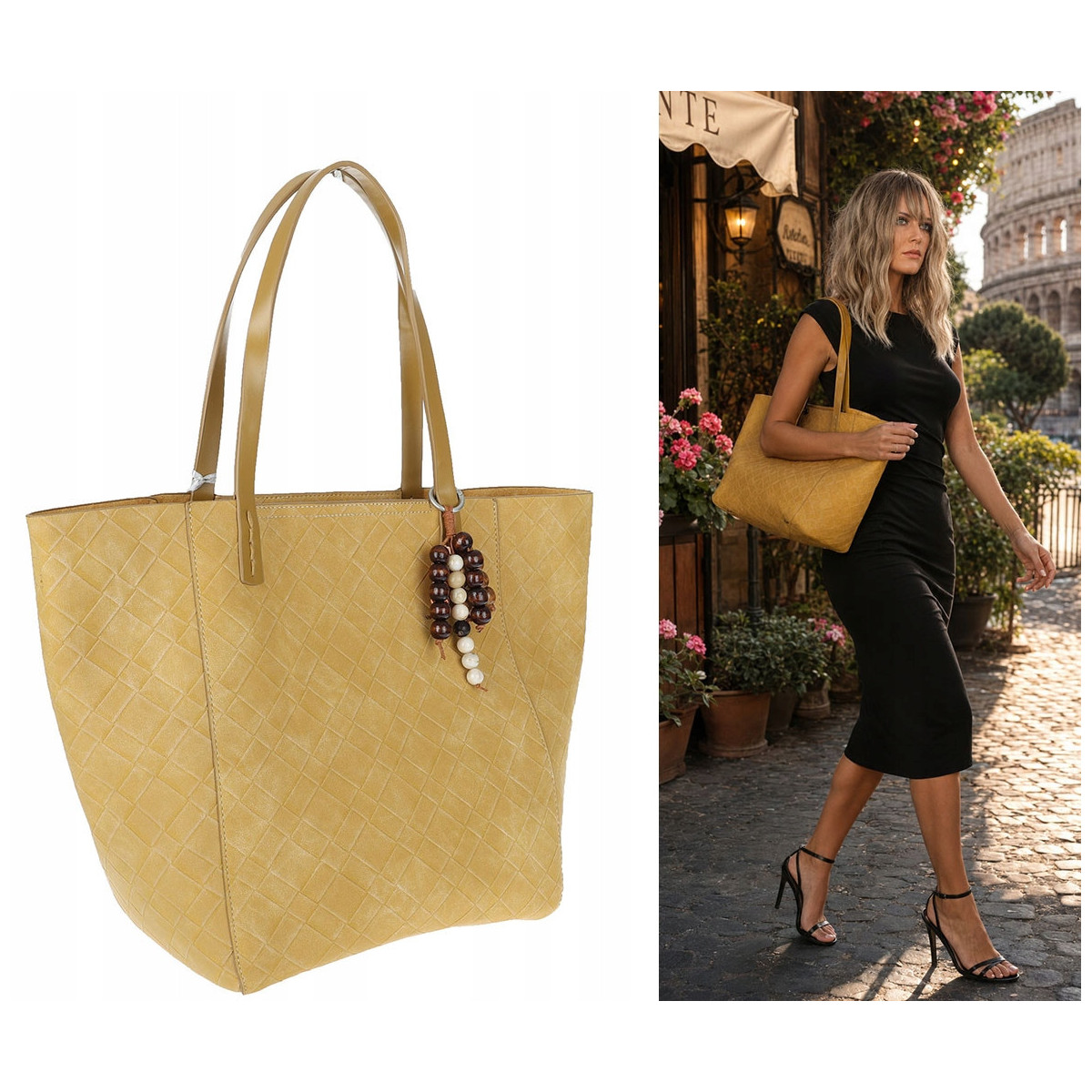 Torebka damska shopper worek A4 duża pojemna torba na ramię NO3793 Żółta