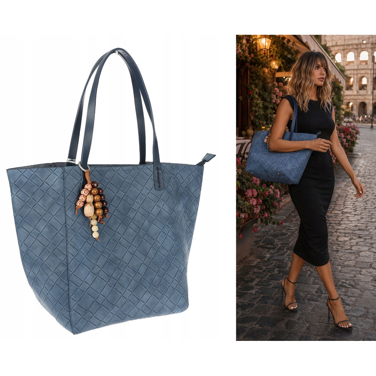 Torebka damska shopper worek A4 duża pojemna na ramię NO3793 Niebieska