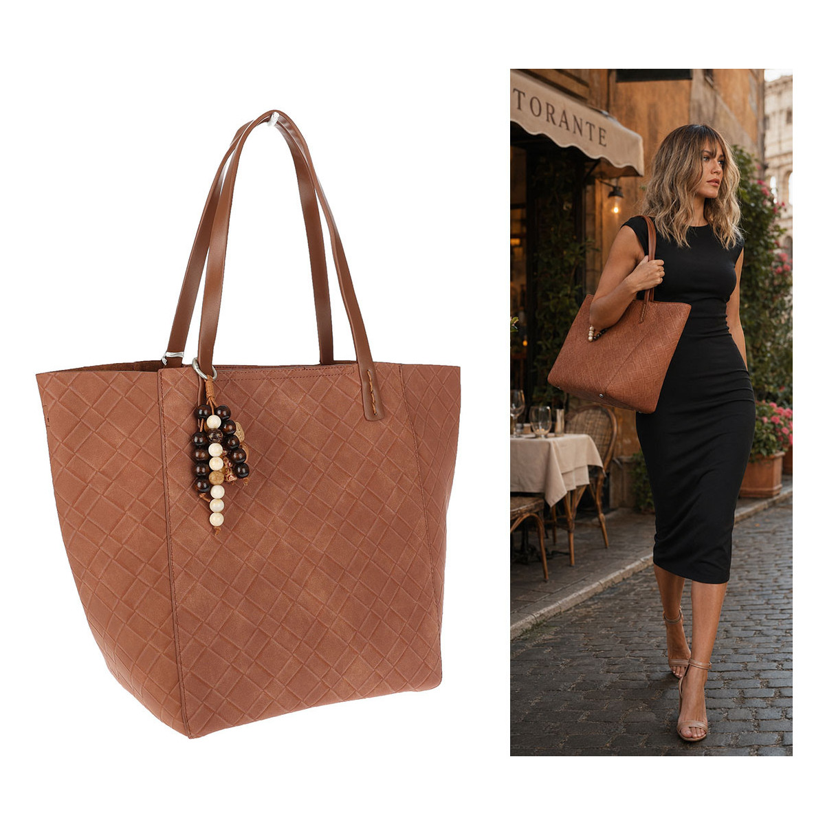 Torebka damska shopper worek A4 duża pojemna torba na ramię NO3793 Brązowa