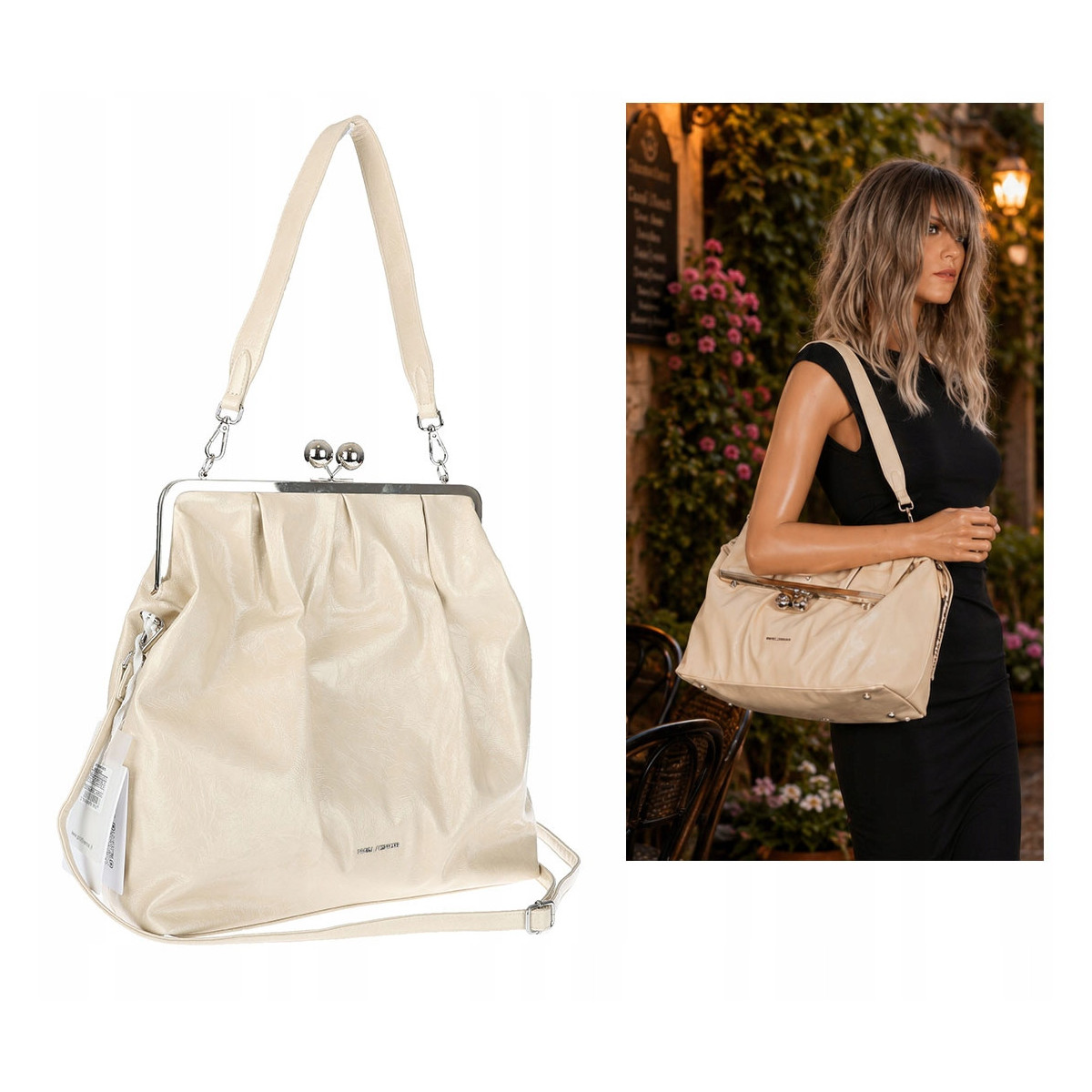 Torebka damska shopper na bigiel pojemna na ramię elegancka RS6085 Beżowa