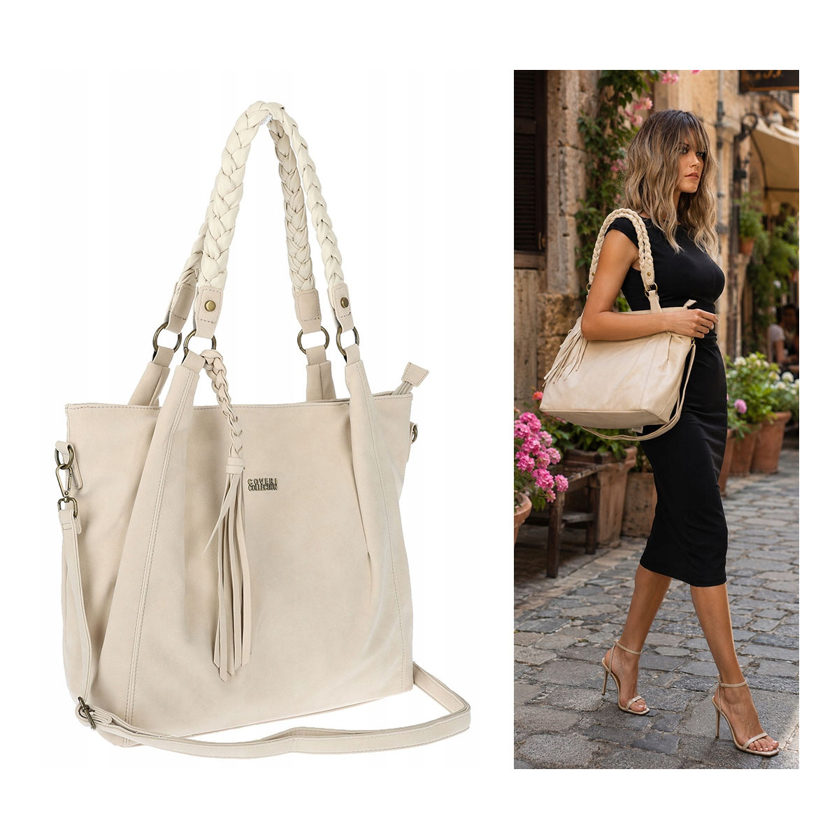 Torebka Damska Worek Shopper Torba na Ramię duża pajemna CC6611 Beżowa