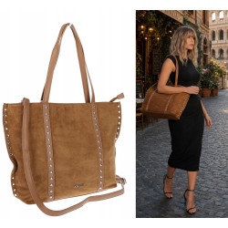 Torebka damska shopper zamszowa z ćwiekami modna listonoszka KJ1136 Brązowa