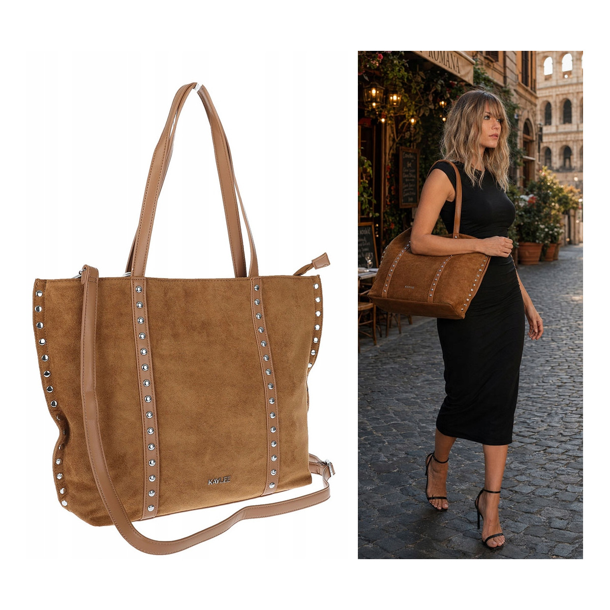 Torebka damska shopper zamszowa z ćwiekami modna listonoszka KJ1136 Brązowa