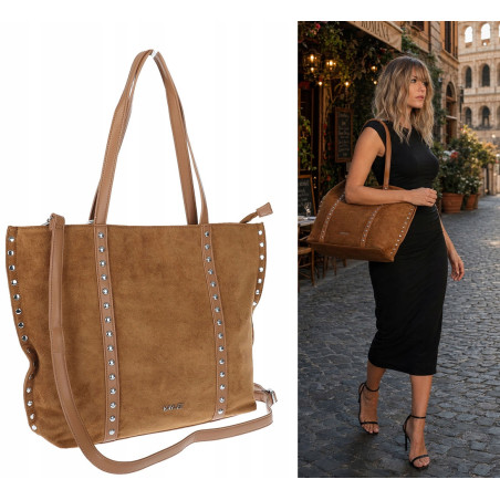 Torebka damska shopper zamszowa z ćwiekami modna listonoszka KJ1136 Brązowa
