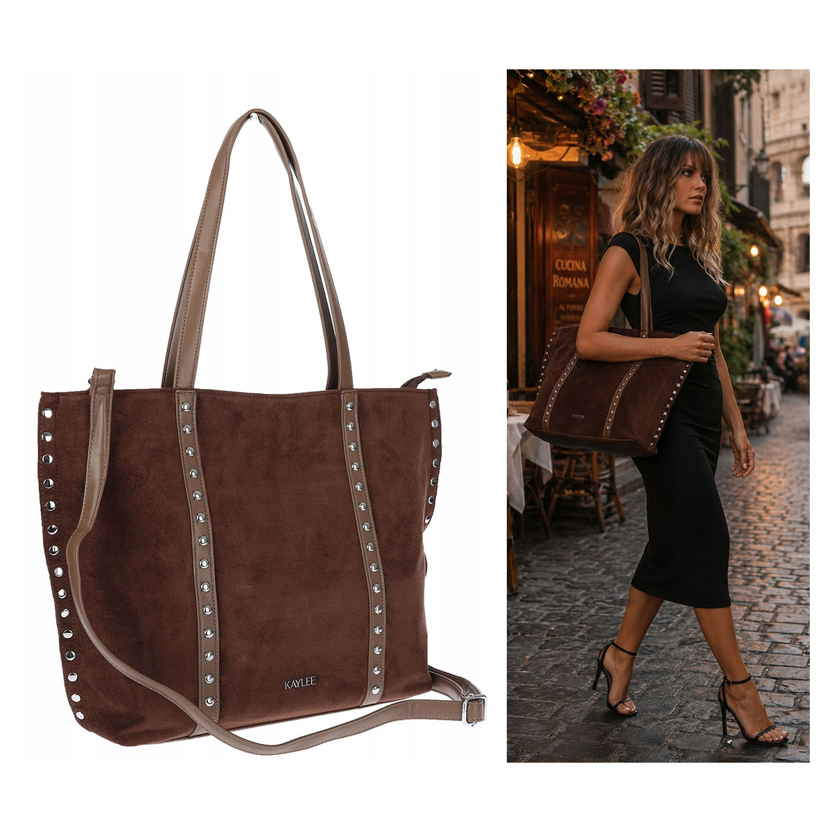 Torebka damska shopper zamszowa z ćwiekami listonoszka KJ1136 Czekoladowa