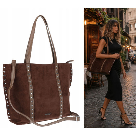 Torebka damska shopper zamszowa z ćwiekami listonoszka KJ1136 Czekoladowa