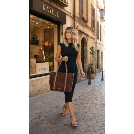 Torebka damska shopper zamszowa z ćwiekami listonoszka KJ1136 Czekoladowa