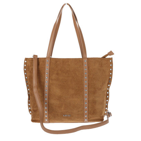 Torebka damska shopper zamszowa z ćwiekami modna listonoszka KJ1136 Brązowa