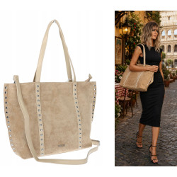 Torebka damska shopper zamszowa z ćwiekami modna listonoszka KJ1136 Beżowa