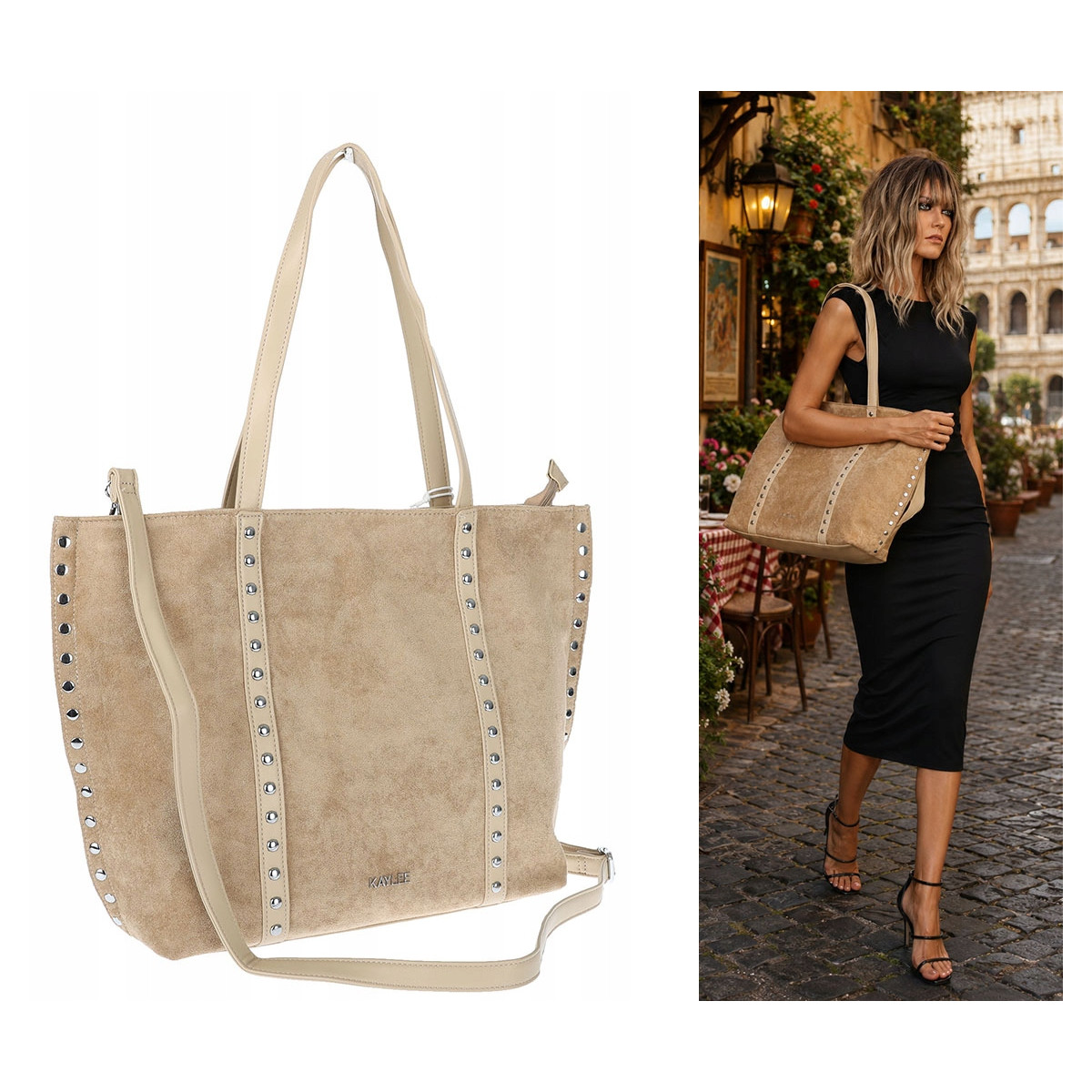 Torebka damska shopper zamszowa z ćwiekami modna listonoszka KJ1136 Beżowa