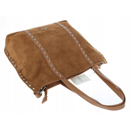 Torebka damska shopper zamszowa z ćwiekami modna listonoszka KJ1136 Brązowa