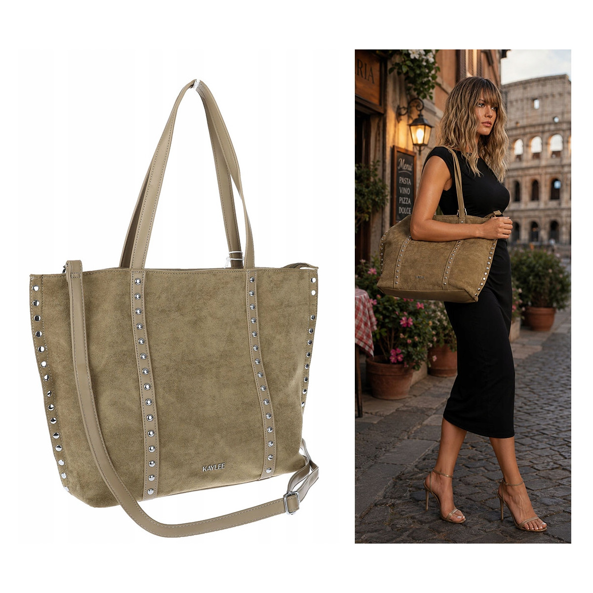 Torebka damska shopper zamszowa z ćwiekami modna listonoszka KJ1136 Zielona