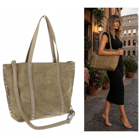 Torebka damska shopper zamszowa z ćwiekami modna listonoszka KJ1136 Zielona