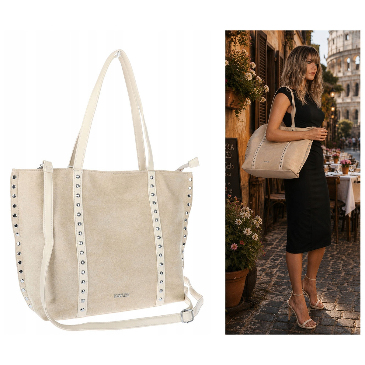 Torebka damska shopper zamszowa z ćwiekami modna listonoszka KJ1136 Beżowa