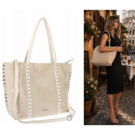 Torebka damska shopper zamszowa z ćwiekami modna listonoszka KJ1136 Beżowa