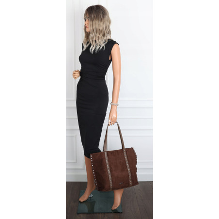Torebka damska shopper zamszowa z ćwiekami listonoszka KJ1136 Czekoladowa