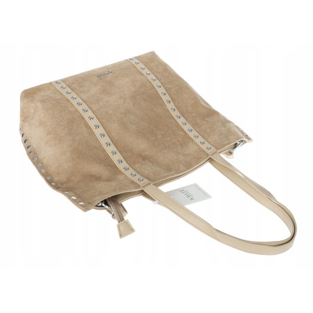 Torebka damska shopper zamszowa z ćwiekami modna listonoszka KJ1136 Beżowa