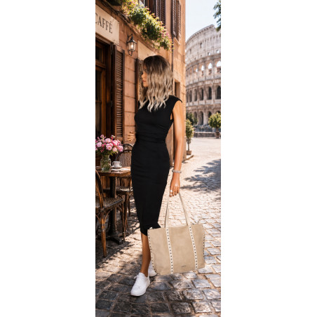 Torebka damska shopper zamszowa z ćwiekami modna listonoszka KJ1136 Beżowa