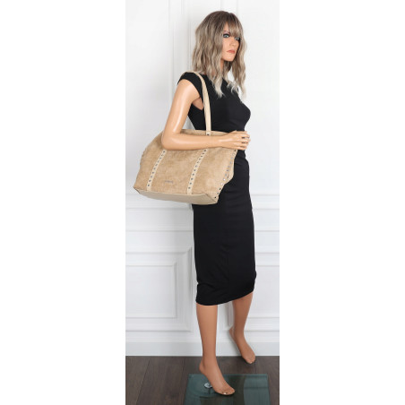 Torebka damska shopper zamszowa z ćwiekami modna listonoszka KJ1136 Beżowa