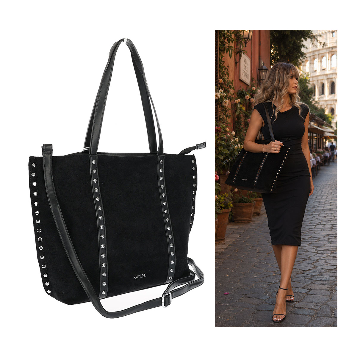 Torebka damska shopper zamszowa z ćwiekami modna listonoszka KJ1136 Czarna