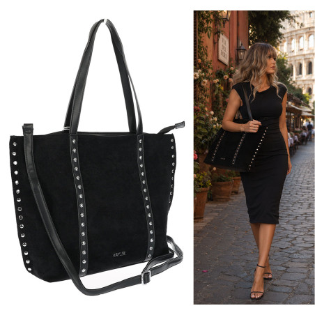 Torebka damska shopper zamszowa z ćwiekami modna listonoszka KJ1136 Czarna