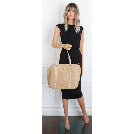 Torebka damska shopper zamszowa z ćwiekami modna listonoszka KJ1136 Beżowa