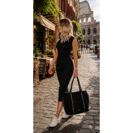 Torebka damska shopper zamszowa z ćwiekami modna listonoszka KJ1136 Czarna