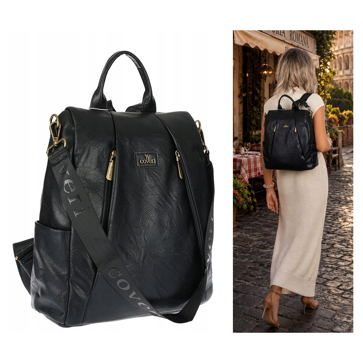 Plecak damski 2w1 torebka shopper pracy duża pojemna na ramię CS1291 Czarna