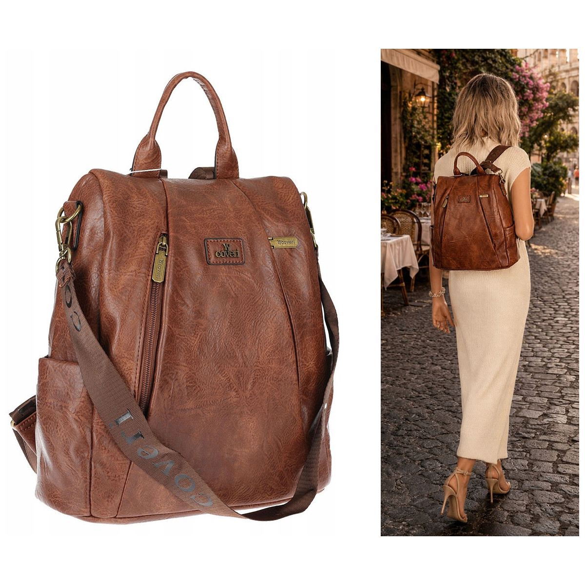Plecak damski 2w1 torebka shopper duża pojemna na ramię CS1291 Brązowa