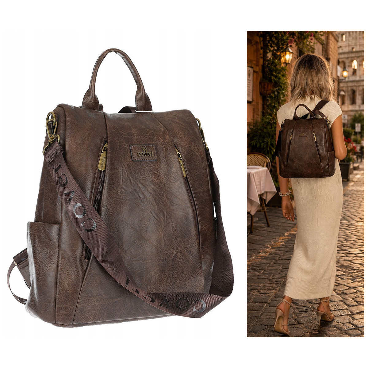 Plecak damski 2w1 torebka shopper duża pojemna na ramię CS1291 Czekoladowa