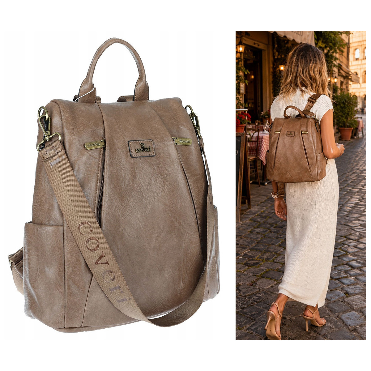 Plecak damski 2w1 torebka shopper duża pojemna na ramię CS1291 Brązowa