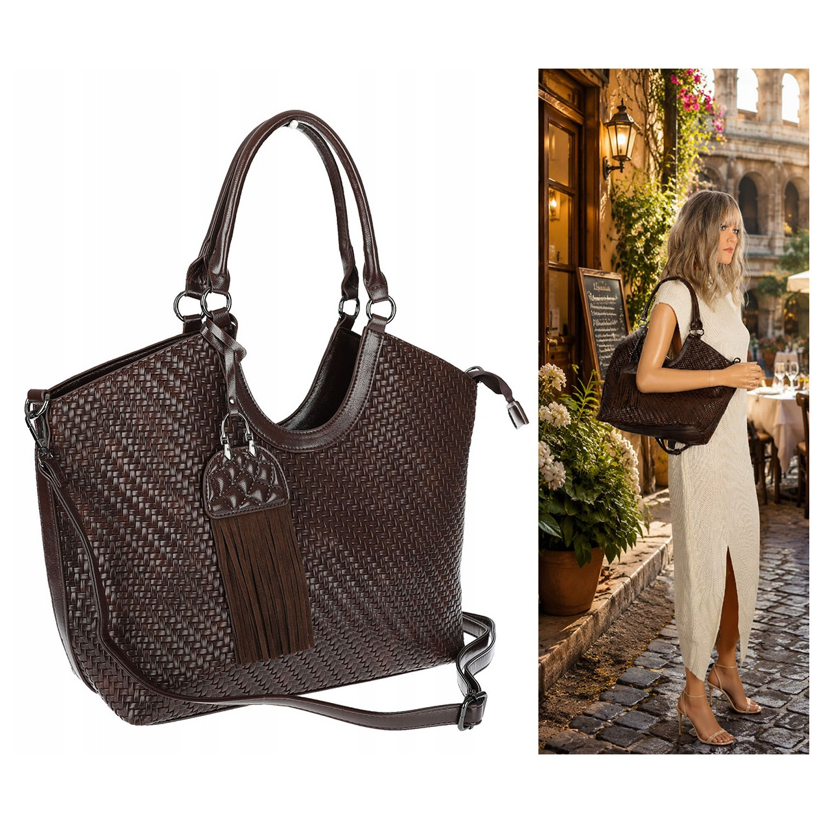 Torebka Damska Shopper na Ramię modna do ręki Listonoszka MC819 Czekoladowa