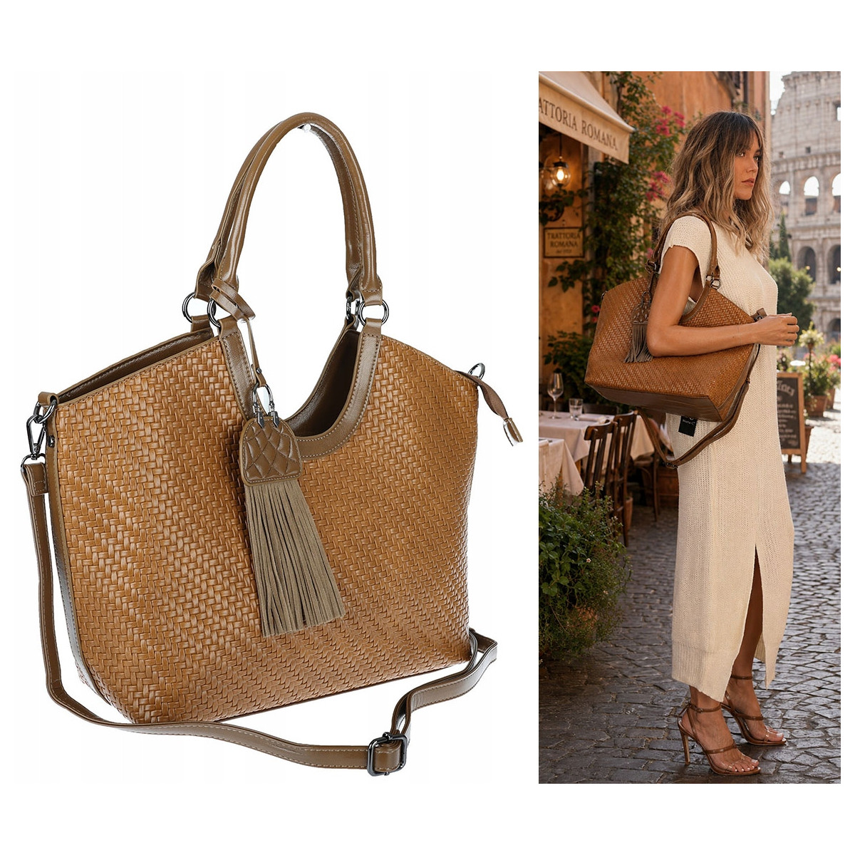 Torebka Damska Shopper na Ramię modna do ręki Listonoszka MC819 Brązowa